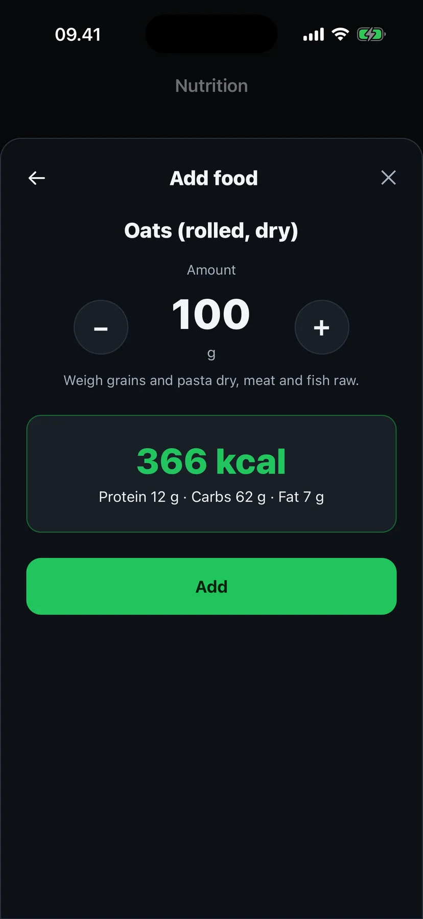 Fit4i Edit food sheet where recognised foods can be reviewed and corrected before saving