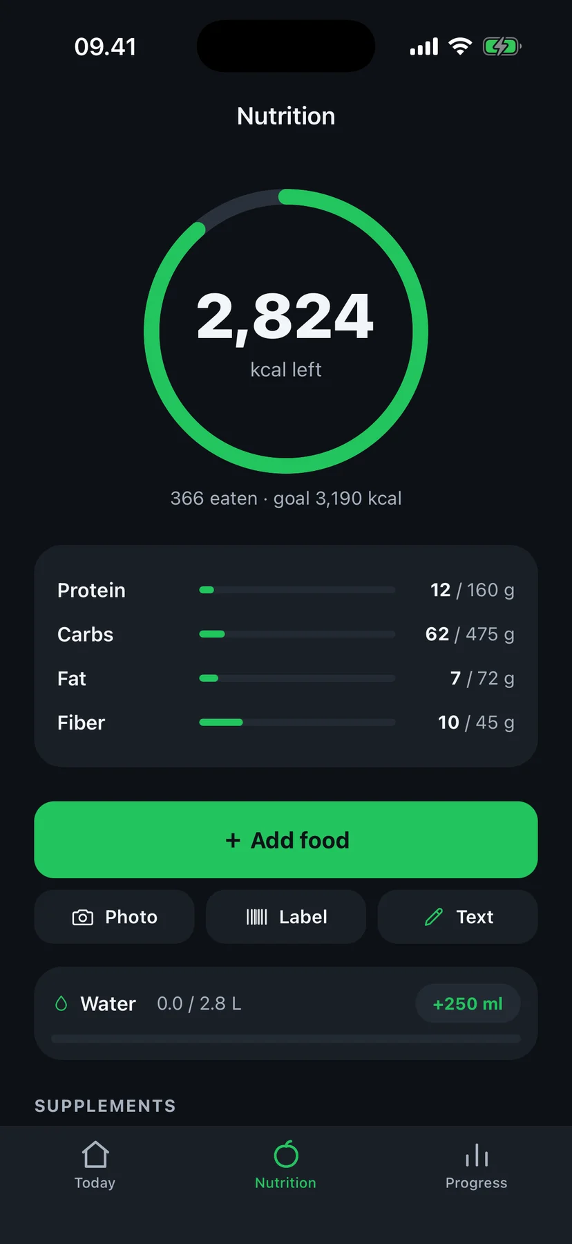 Fit4i nutrition screen: 2,824 kcal left of a 3,190 kcal daily goal with protein, carbs, fat and fiber bars, water tracking and supplements
