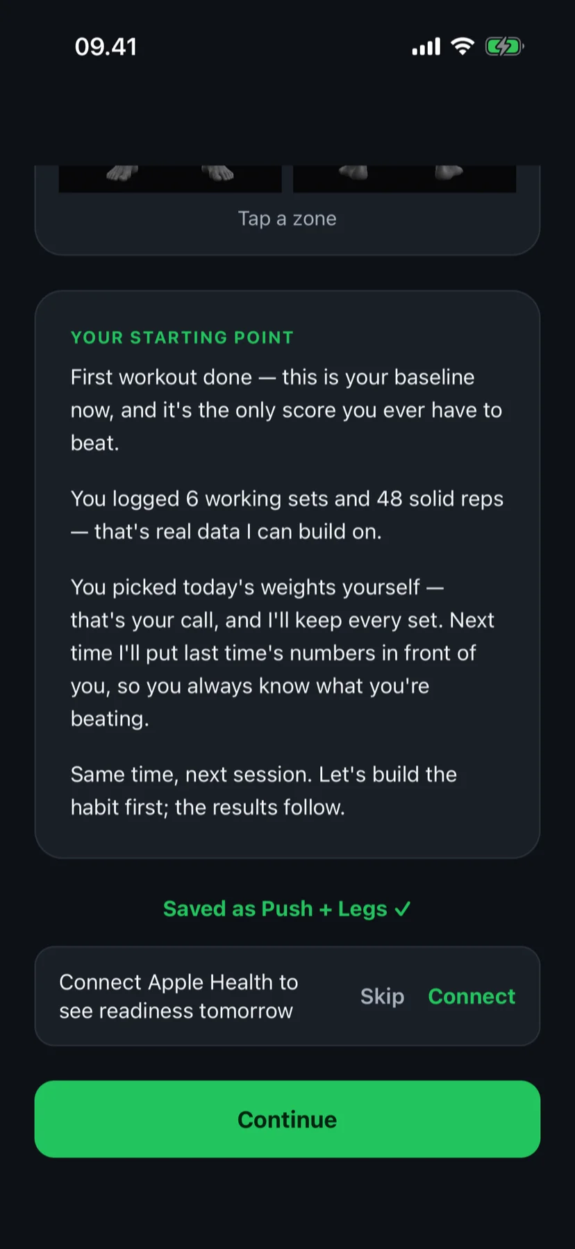 Fit4i first-workout summary: a 'Your starting point' note, the 'Saved as Push + Legs' confirmation and an offer to connect Apple Health to see readiness tomorrow