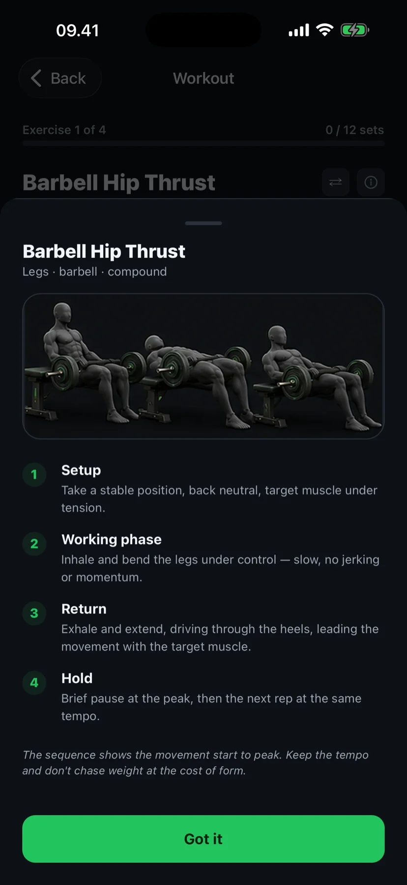 Fit4i exercise guide for the barbell hip thrust: a rendered movement sequence with four plain-language steps — setup, working phase, return and hold