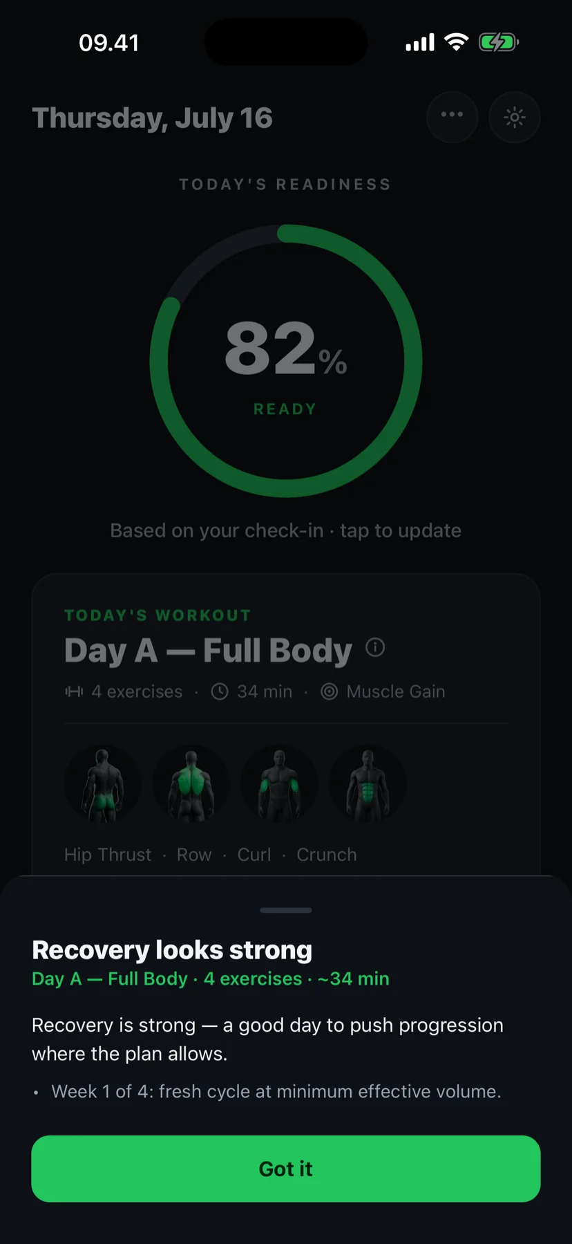 Fit4i explaining today's verdict: recovery looks strong, so it's a good day to push progression — week 1 of a fresh training cycle