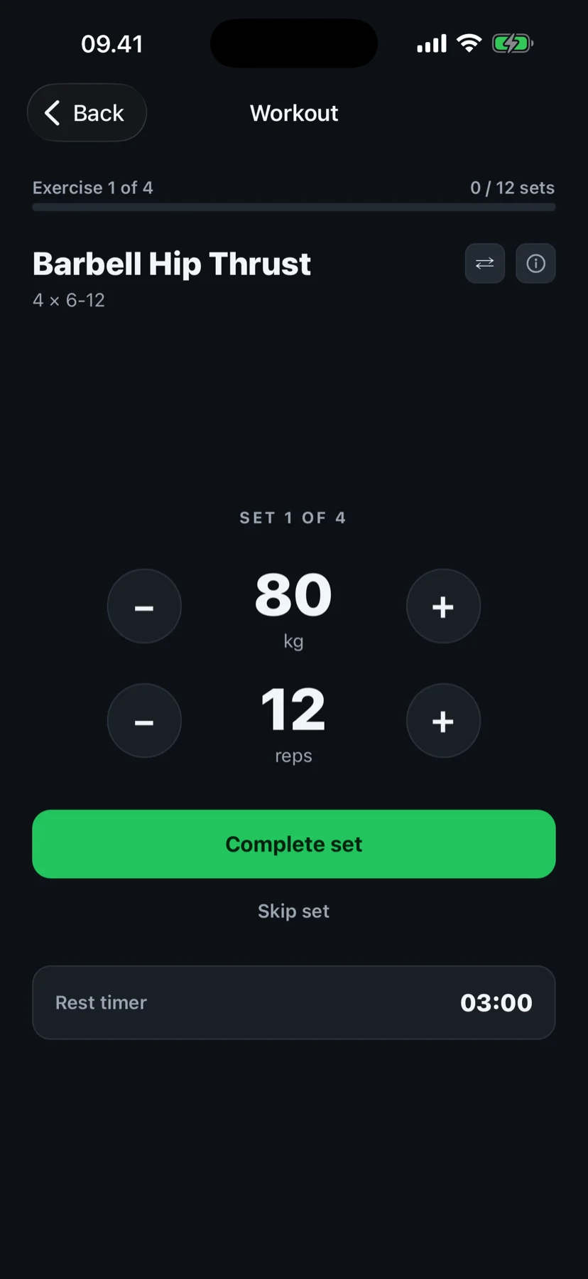 Fit4i workout screen: logging a set of barbell hip thrusts at 80 kg for 12 reps
